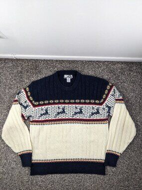Vintage Steep Slopes Sweater Fair Isle Reindeer Print Cable Knit Ski Mens Large